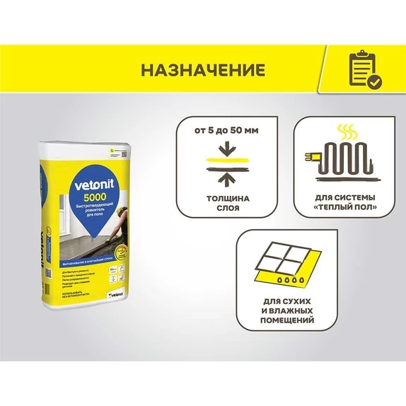 Ветонит (vetonit) 5000 Быстротвердеющий ровнитель для пола Ветонит