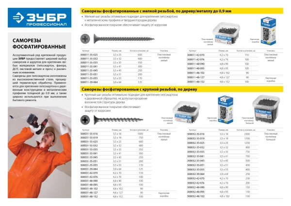 ЗУБР СГМ, 35 х 3.5 мм, фосфатированное покрытие, 350 шт (0,63 кг.), саморез гипсокартон-металл, Профессионал (300011-35-035)